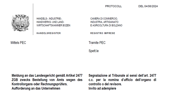 Meldung an das Landesgericht gemäß Artikel 2477 ZGB zwecks Bestellung von Amts wegen des Kontrollorgans oder Rechnungsprüfers.